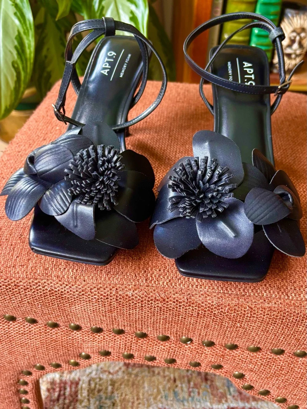 Apt. 9 Black Floral Leather Ankle-Strap Heels with Flower Appliqués